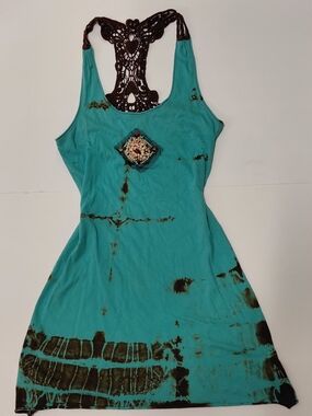 Arden B Turquoise One-Shoulder Crochet-Back Tank Dress